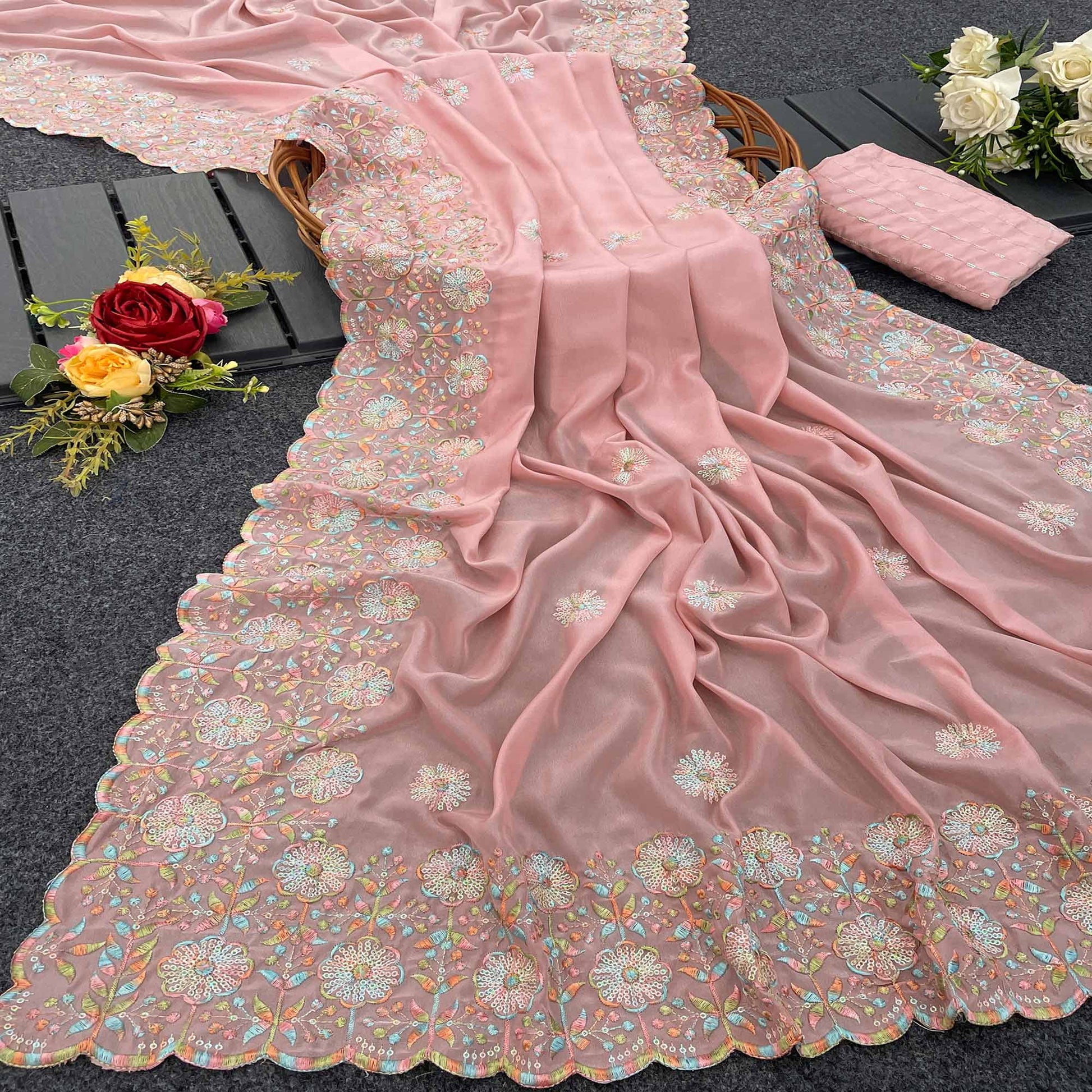 Dusty Pink Floral Sequins Embroidered Crepe Silk Saree