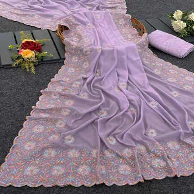 Light Purple Floral Sequins Embroidered Crepe Silk Saree