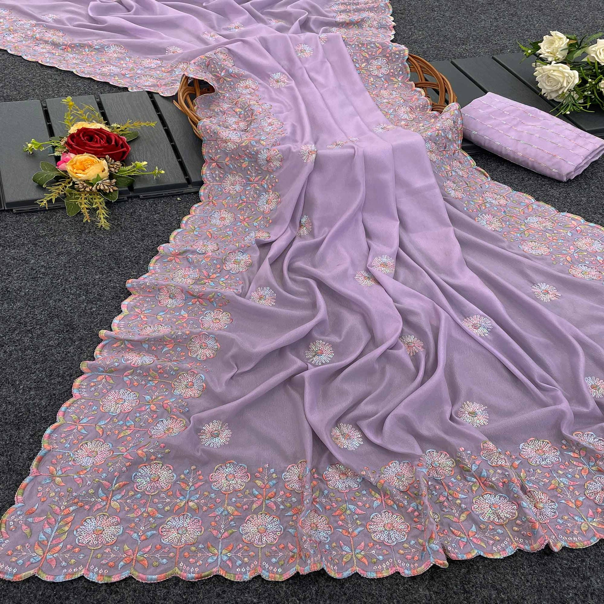 Light Purple Floral Sequins Embroidered Crepe Silk Saree