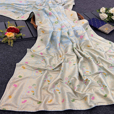 Light Sky Blue Floral Zari Work Woven Dola Silk Saree
