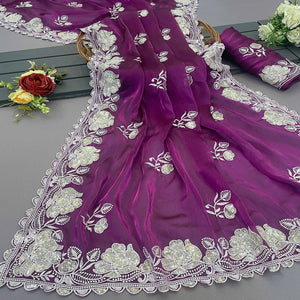 Magenta Floral Embroidered Satin Saree