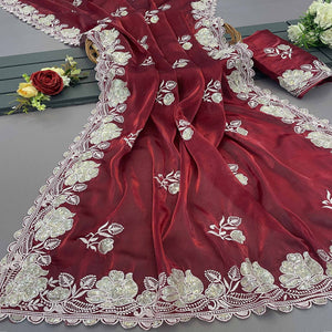 Maroon Floral Embroidered Satin Saree