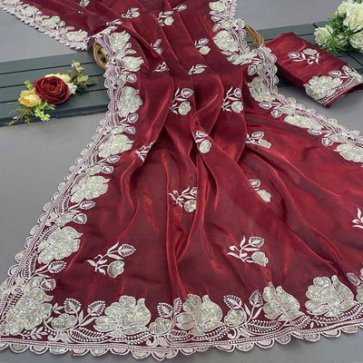 Maroon Floral Embroidered Satin Saree