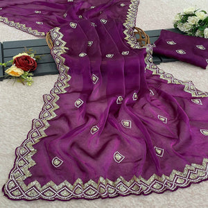 Magenta Sequins Embroidered Satin Saree