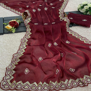 Maroon Sequins Embroidered Satin Saree
