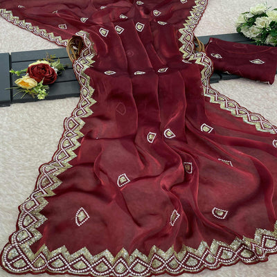 Maroon Sequins Embroidered Satin Saree