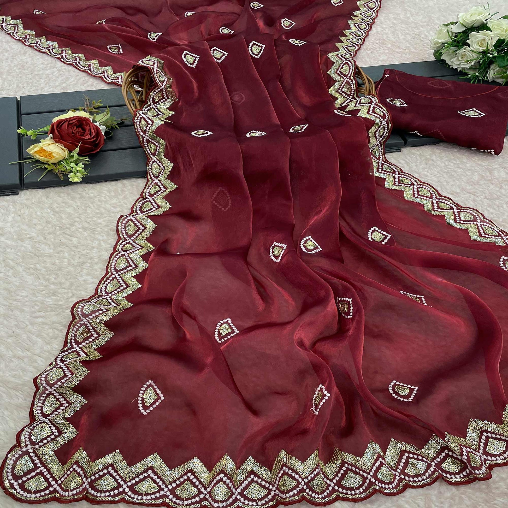 Maroon Sequins Embroidered Satin Saree