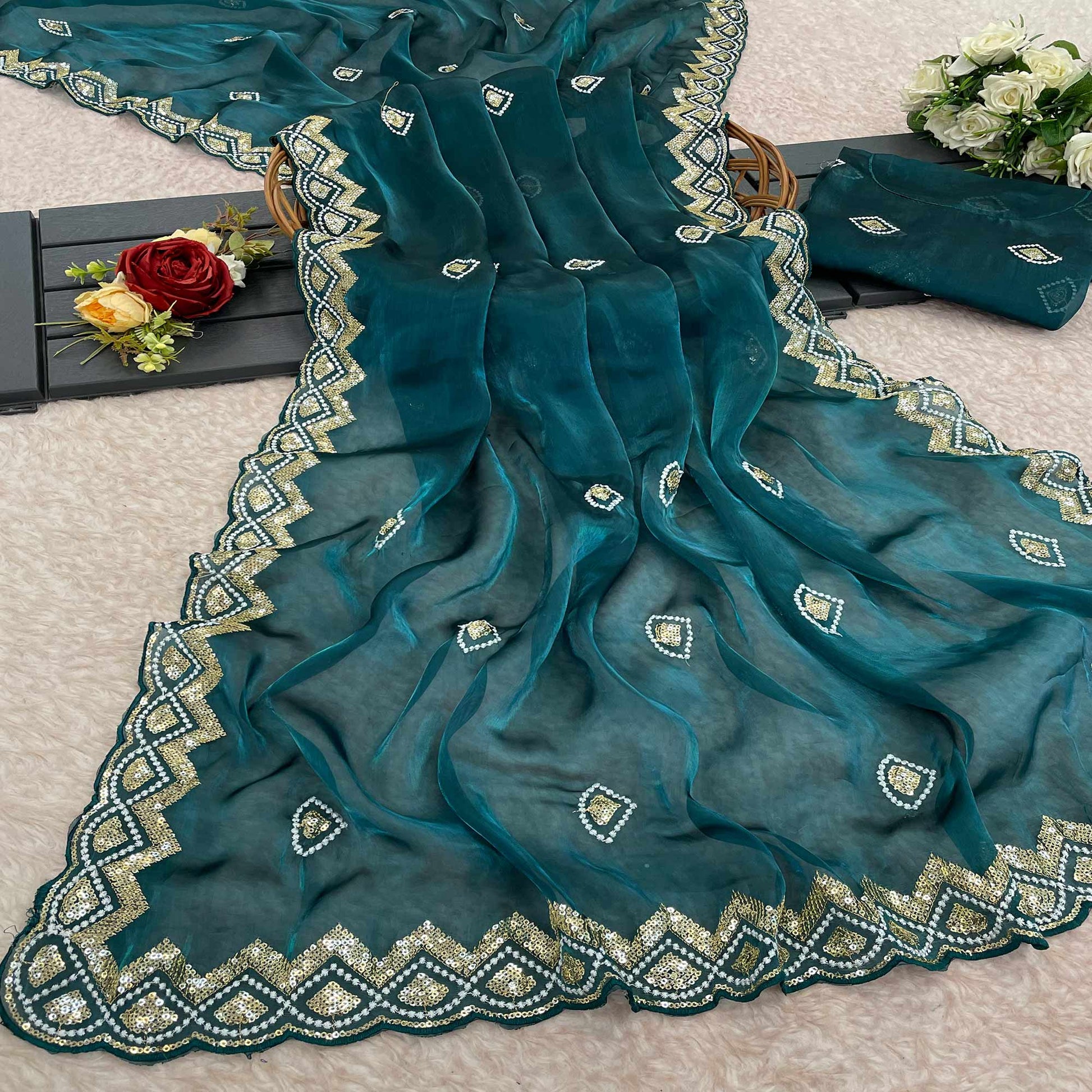 Morpich Blue Sequins Embroidered Satin Saree