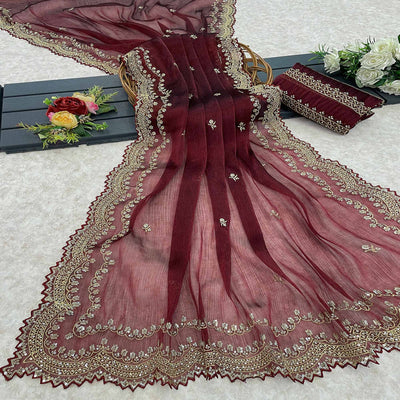 Maroon Embroidered Chiffon Saree