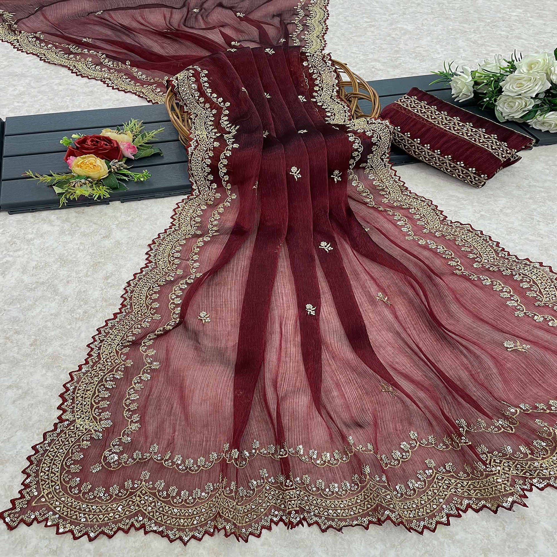 Maroon Embroidered Chiffon Saree
