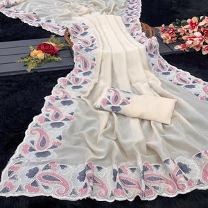 Cream Floral Embroidered Vichitra Silk Saree