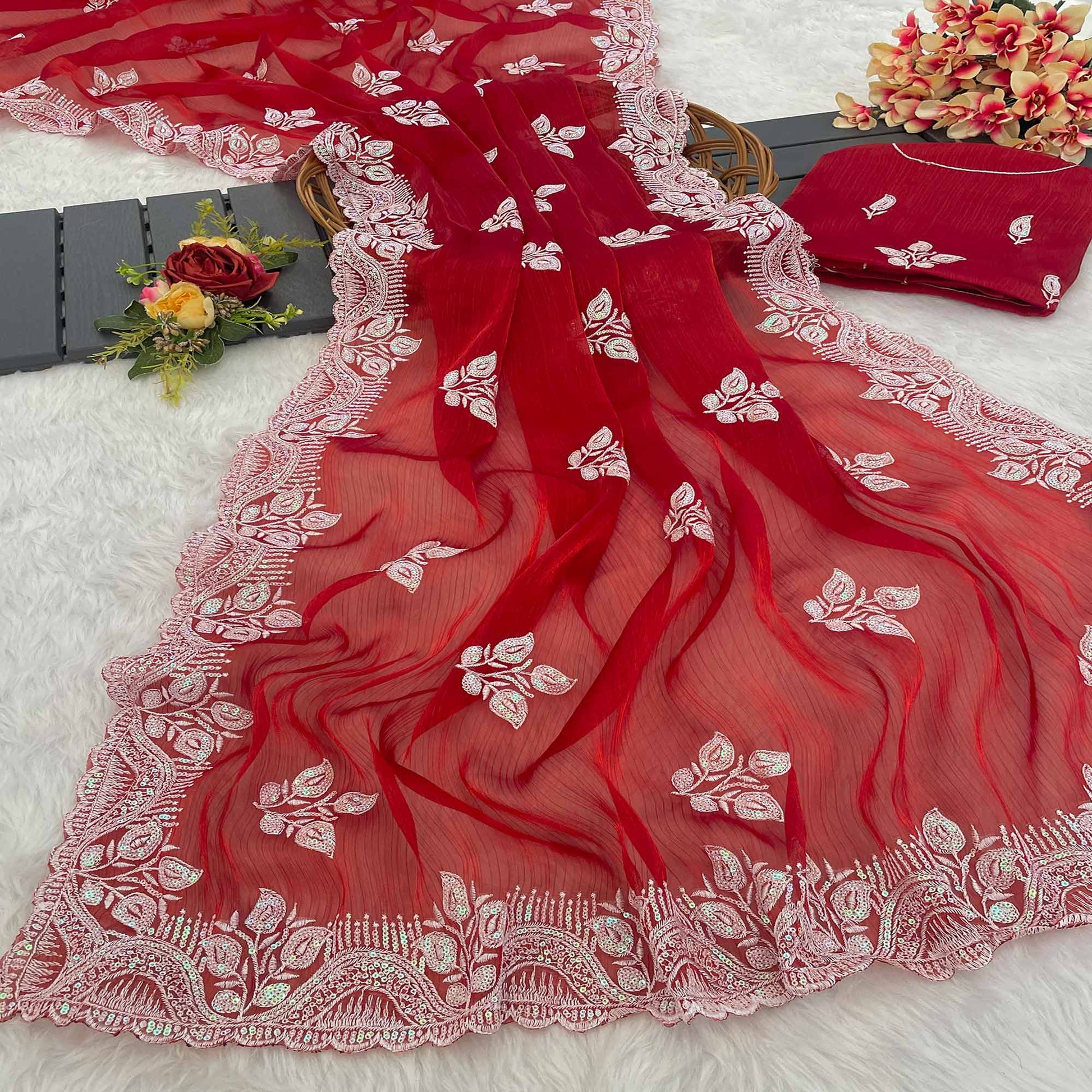 Maroon Sequins Embroidered Chiffon Saree