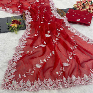 Maroon Sequins Embroidered Chiffon Saree