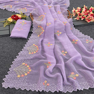 Lavender Floral Sequins Embroidered Art Silk Crush Saree