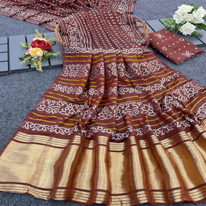 Brown Bandhani Zari Woven Dola Silk Saree