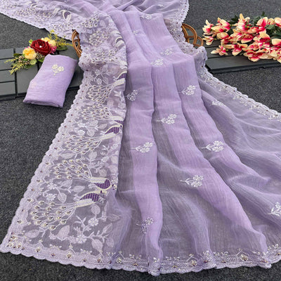 Light Lavender Floral Sequins Embroidered Art Silk Crush Saree