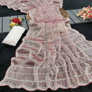 Brown Sequins Work Embroidered Chiffon Saree