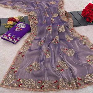 Lavender Sequins Work Embroidered Chiffon Saree