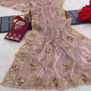 Light Pink Sequins Work Embroidered Chiffon Saree