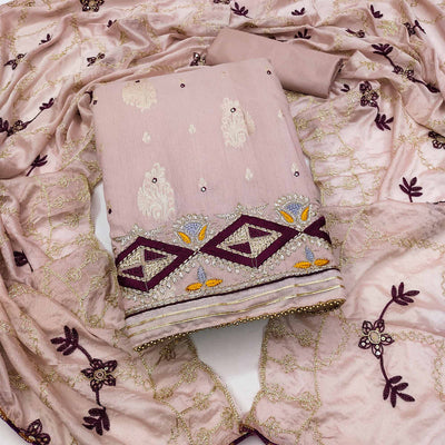 Mauve Floral Woven Banarasi Silk Dress Material