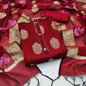 Maroon Floral Woven Banarasi Silk Dress Material