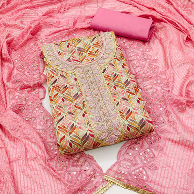 Chikoo & Pink Printed With Handwork Pure Cotton Dress Material