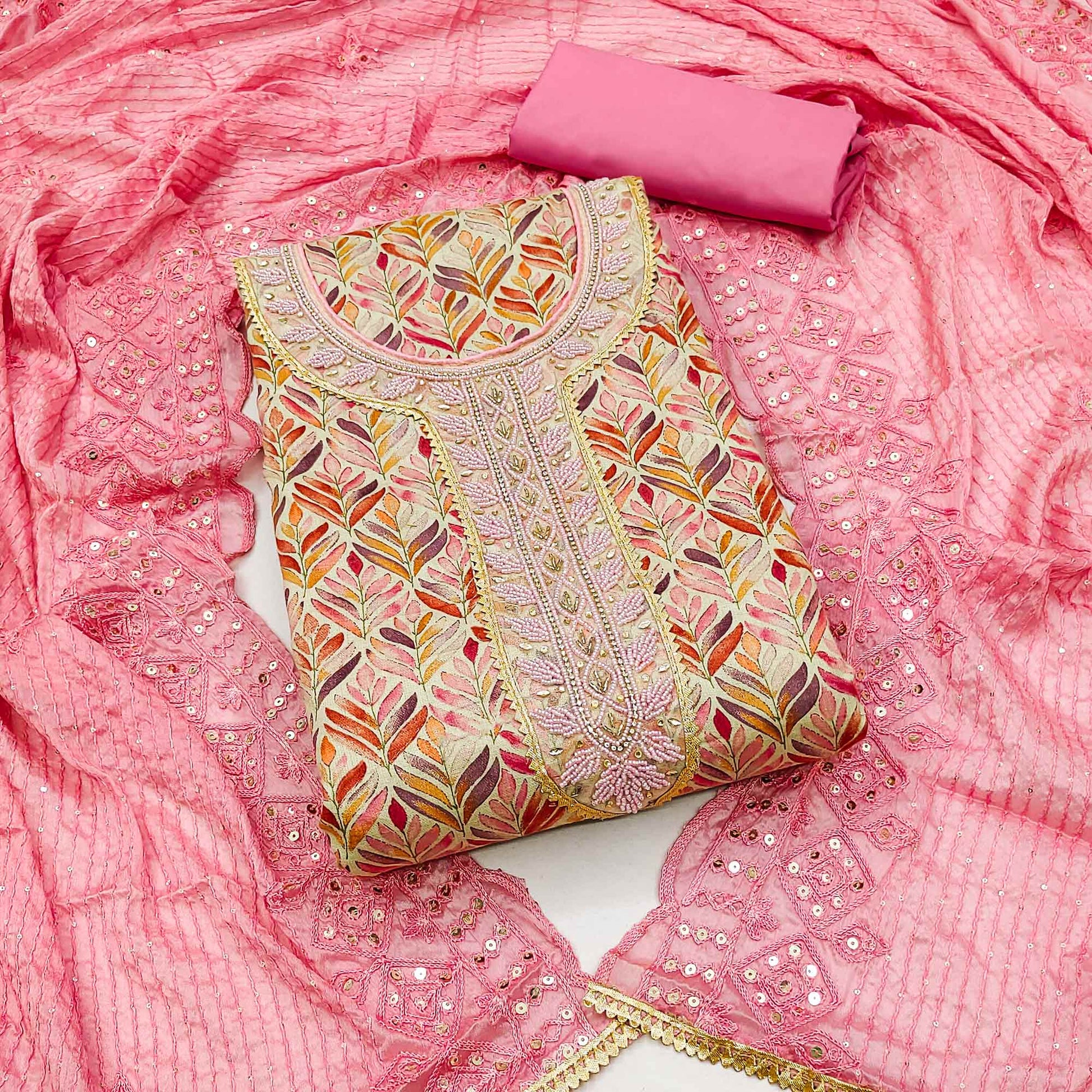 Chikoo & Pink Printed With Handwork Pure Cotton Dress Material