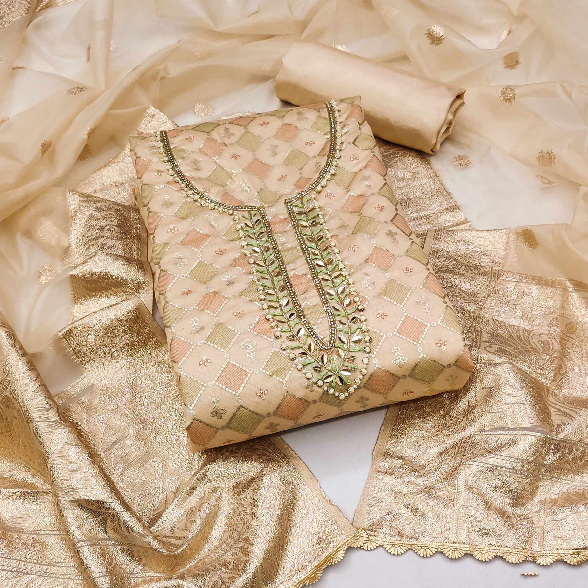 Chikoo Printed With Handwork Modal Dress Material
