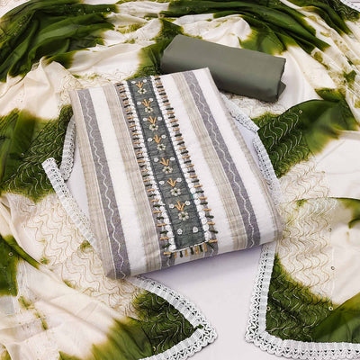 Cream & Green Embroidered With Handwork Pure Cotton Dress Material