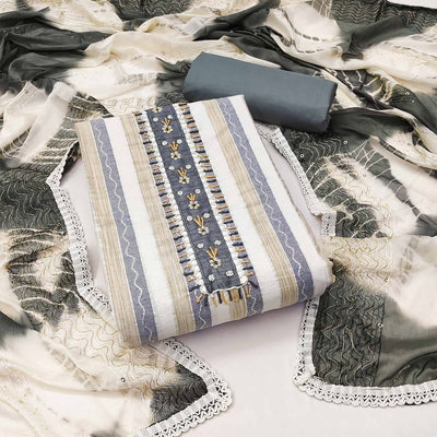 Cream & Grey Embroidered With Handwork Pure Cotton Dress Material