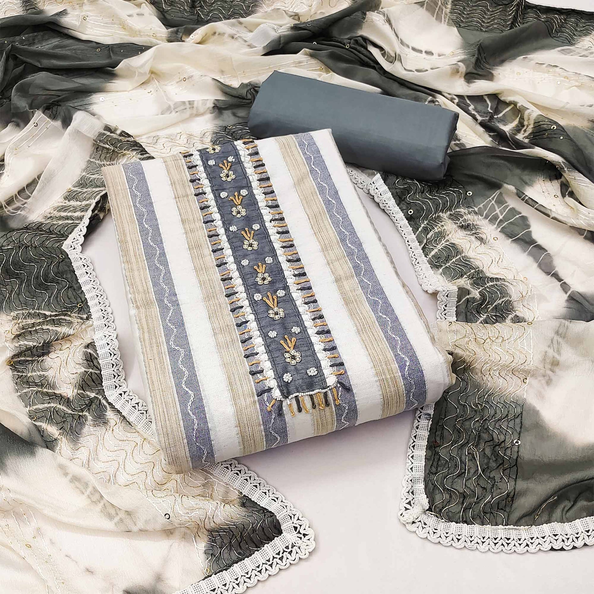 Cream & Grey Embroidered With Handwork Pure Cotton Dress Material
