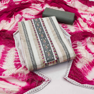 Cream & Pink Embroidered With Handwork Pure Cotton Dress Material