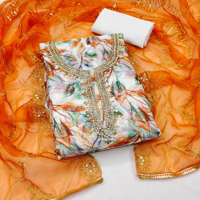 Cream & Orange Digital Printed Organza Dress Material