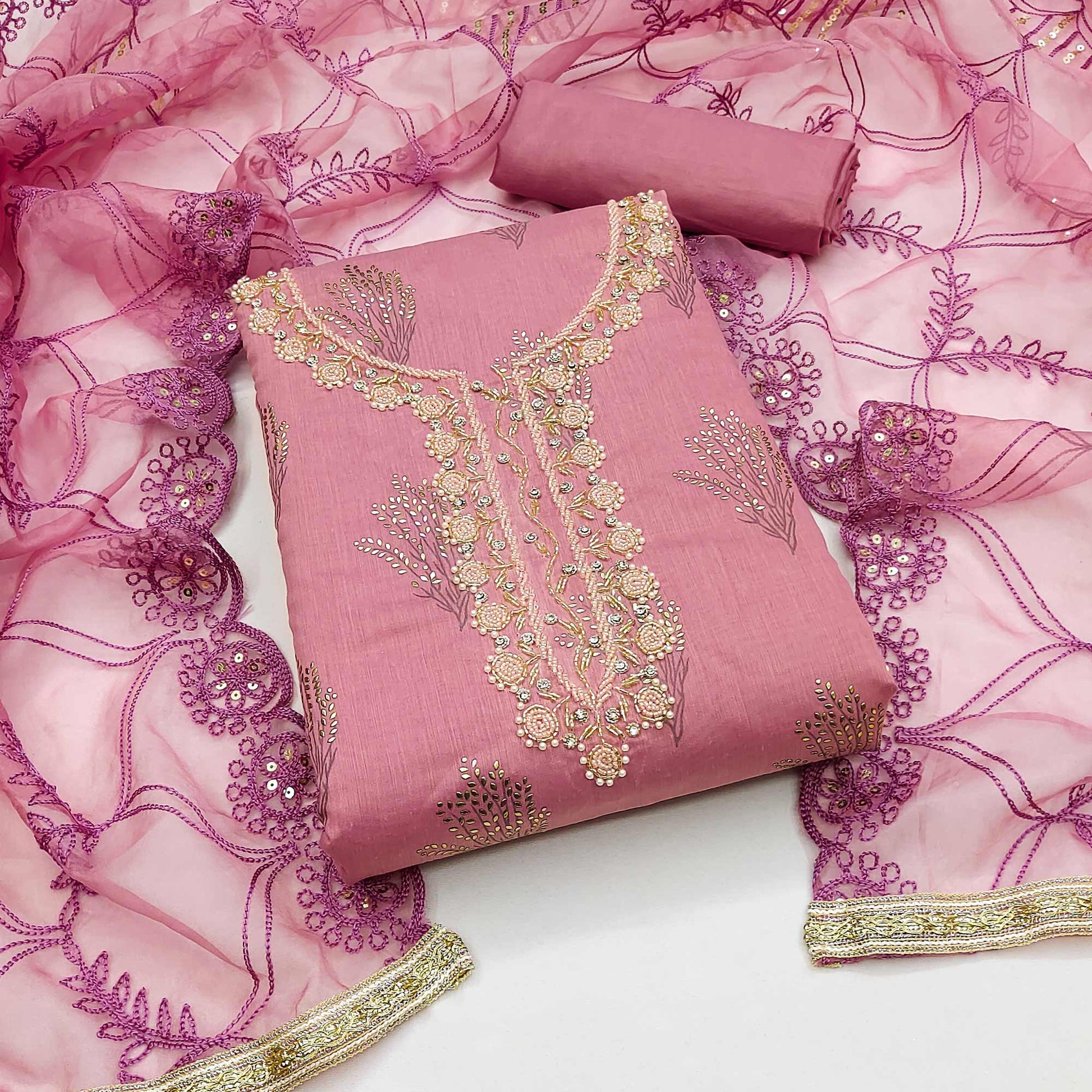 Mauve Printed With Handwork Modal Dress Material