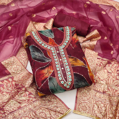 Maroon Digital Printed With Handwork Organza Dress Material