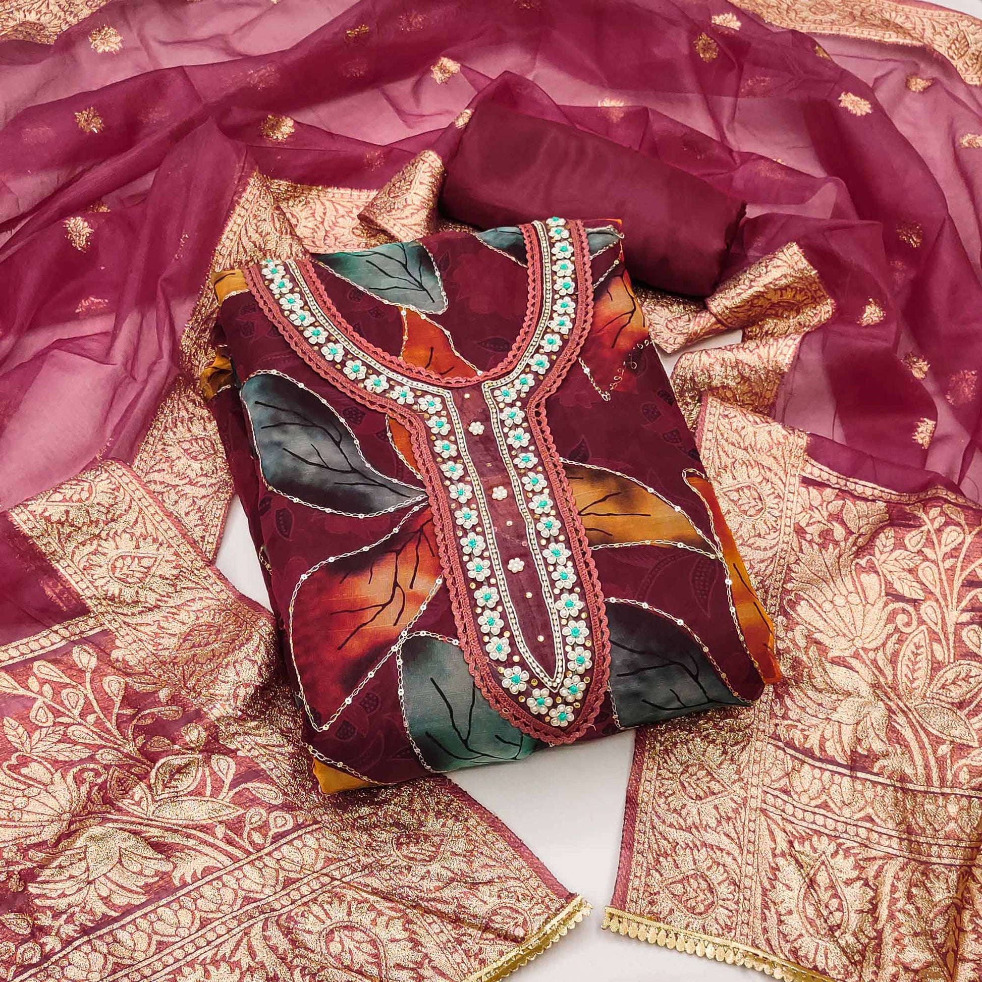 Maroon Digital Printed With Handwork Organza Dress Material