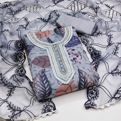 Grey Printed Organza Dress Material