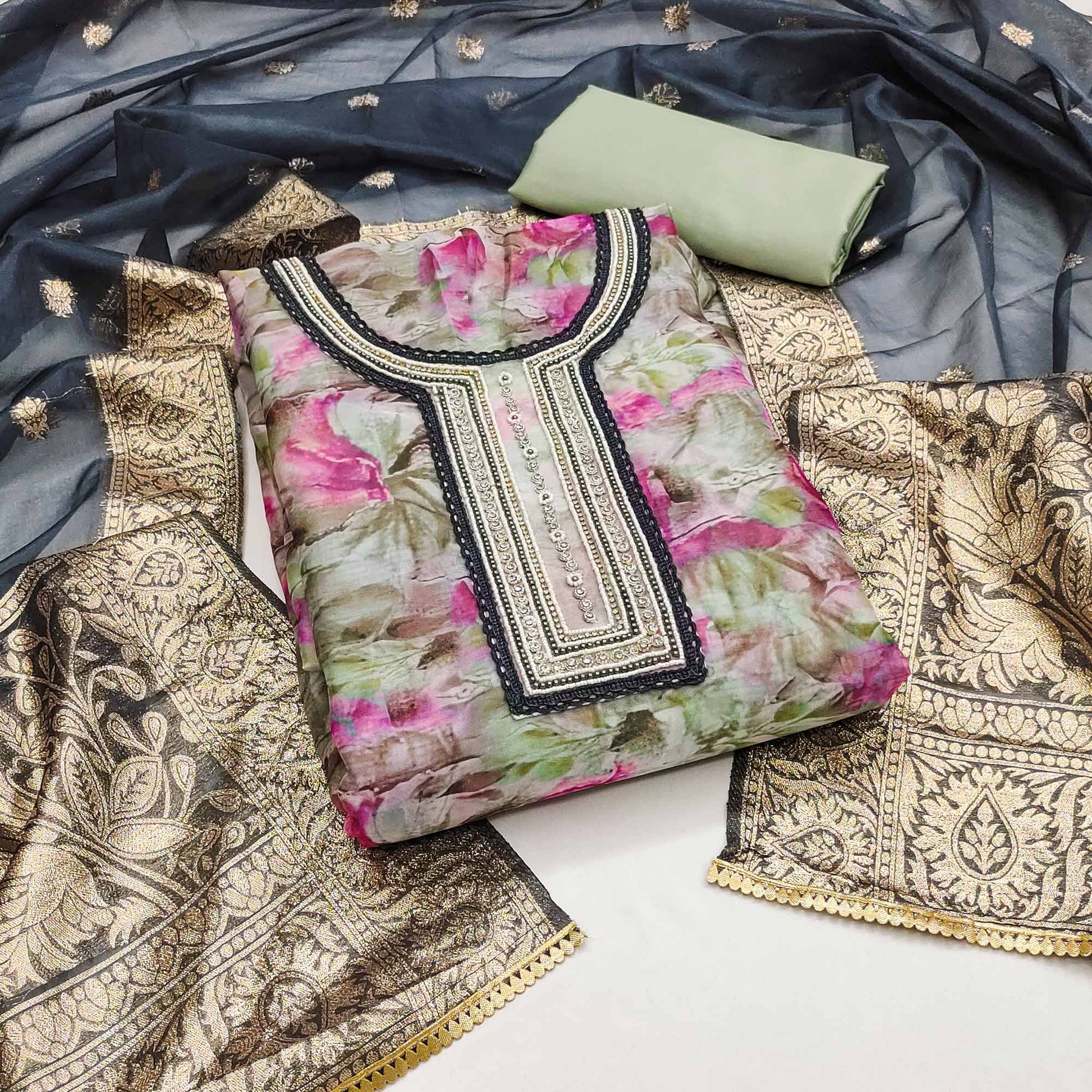 green-floral-printed-organza-dress-material