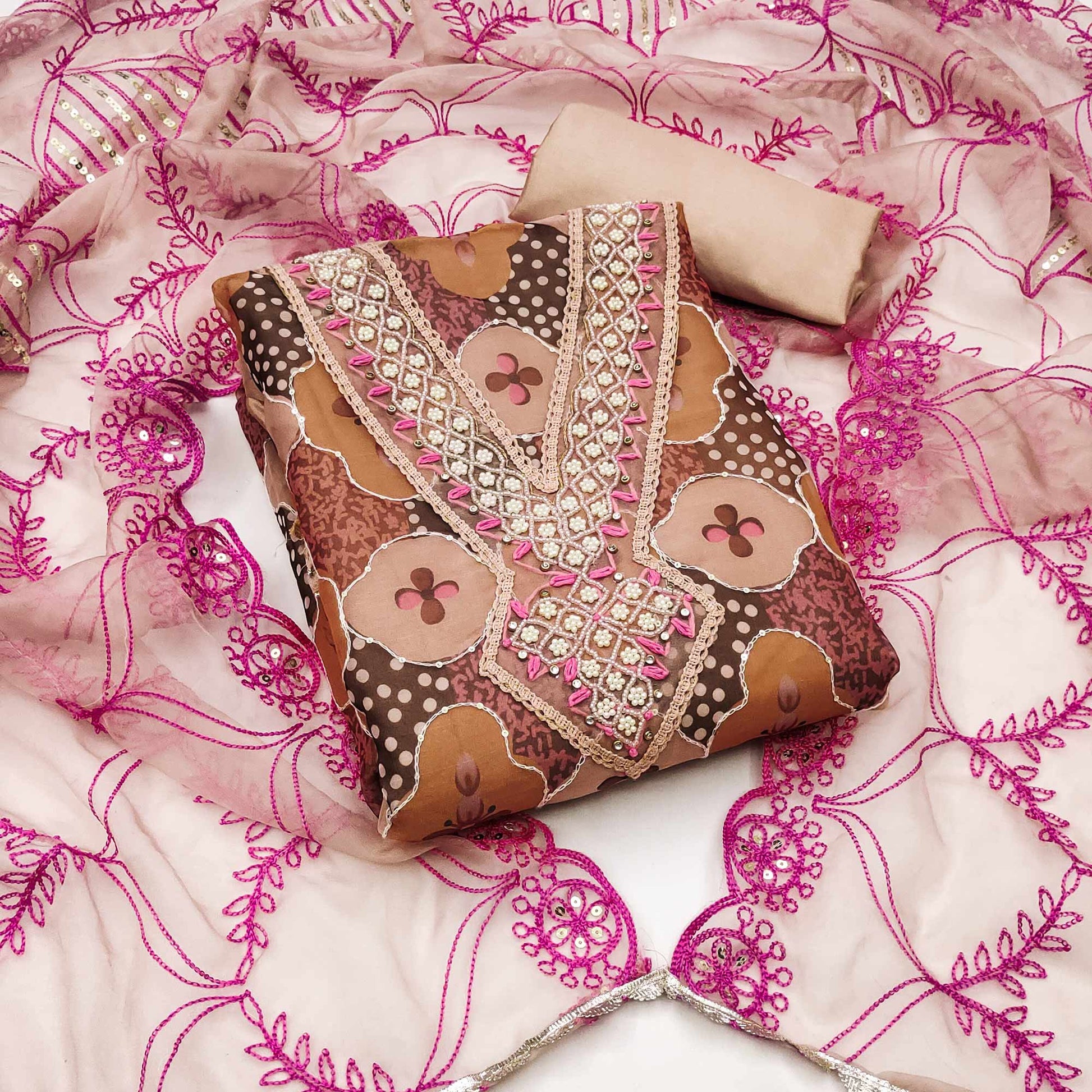 Chikoo Floral Printed Organza Dress Material
