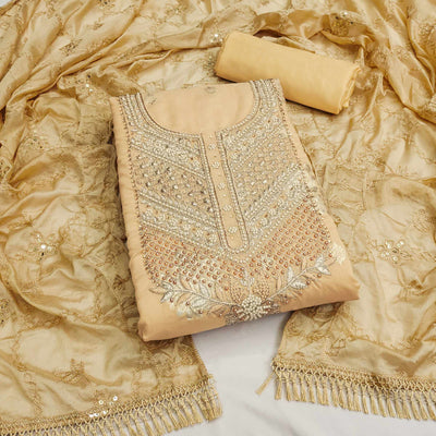Chikoo Embroidered Chanderi Silk Dress Material