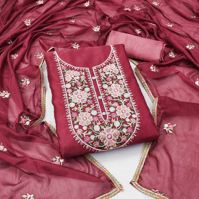 Maroon Floral Embroidered Organza Dress Material