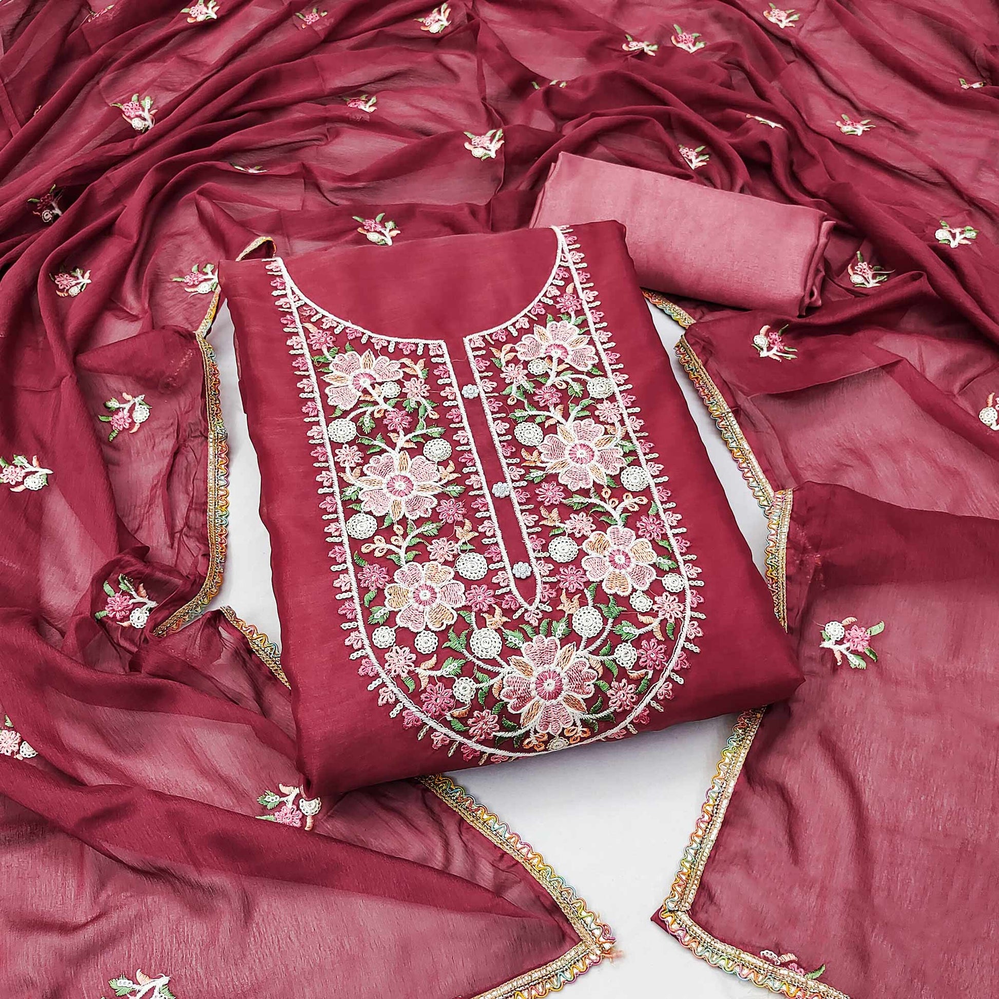 Maroon Floral Embroidered Organza Dress Material