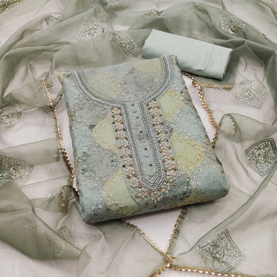Grey Sequins Embroidered Organza Dress Material