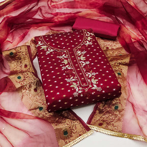 Maroon Woven With Handwork Chanderi Silk Dress Material