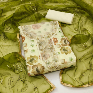 Cream Floral Embroidered With Printed Organza Dress Material