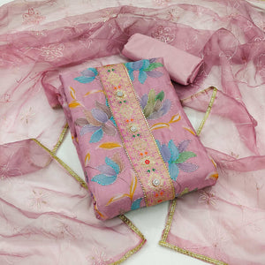 Mauve Floral Printed Organza Dress Material