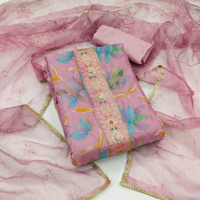 Mauve Floral Printed Organza Dress Material