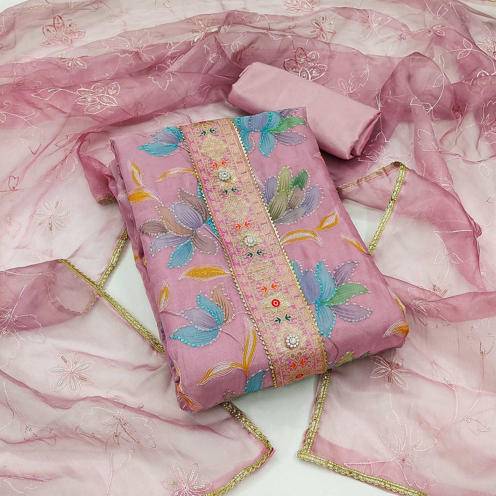 Mauve Floral Printed Organza Dress Material