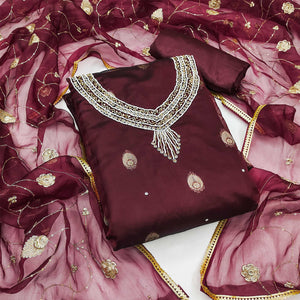 Maroon Floral Woven Organza Dress Material