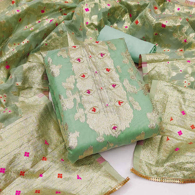 green-floral-woven-chanderi-silk-dress-material
